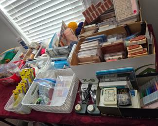 Stampin' Up! rubber craft stamps, embellishments, ink, & supplies.  Ribbon, glue guns, adhesive tape, yarn, & other crafting supplies.