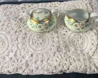 1924 Vintage Table Cloth * Handpainted Bavarian Cream & Sugar