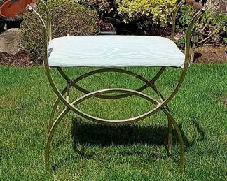 Mid-Century Metal Framed Vanity Bench With Wood Arms & Pale Blue Fabric