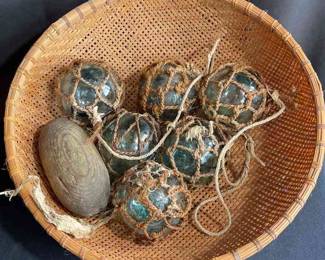 6 Vintage Glass Floats 3.5" Round * Wooden Float