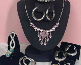 Silver Tone Pierced Hoop Earrings * Purple Glass Floral Design Necklace * Aqua / Purples Bracelets