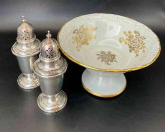 Limoges White Porcelain With Gold Decor Candy Dish *Gorham Sterling Silver Salt & Pepper Shakers