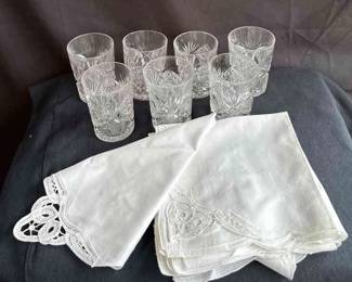 7 Matching Old Fashion Glasses * 6 Embroidered Linen Napkins