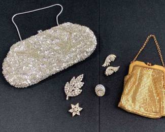 Brooch * Pin * Clasp Earrings * Bejeweled Clutch * Vintage Purse