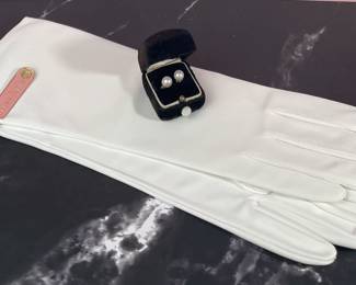 Pearl Stud Earrings With Sterling Silver Posts * New Vintage Miss Aris White Evening Gloves * 7.5