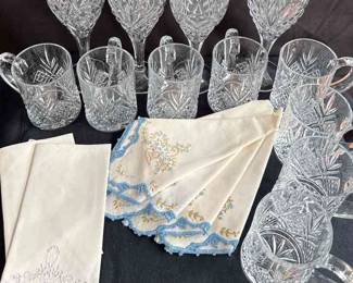 4 Crystal Wine Glasses * 8 Coffee Mugs * Embroidered Linen Napkins