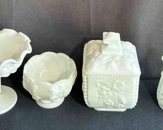 Milk Glass * Footed Compote Bowl * Lidded Candy Dish * Small Bowl * Small Pitcher