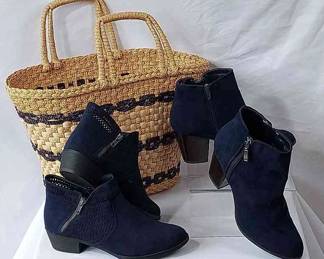 NEW Navy Faux Suede Boots * American Rag (7.5W) * Style & Co (8) * Wicker Handbag With Navy Stripes