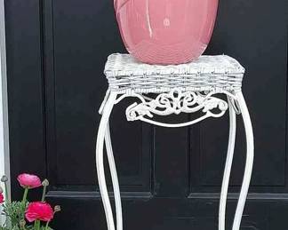California Pottery Pink Vase & White Wrought Iron/Wicker Stand