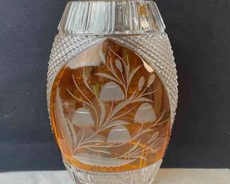Large Made In Poland 24% Leaded Crystal Clear * Amber Etched Vase