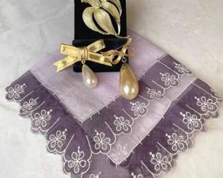 Sarah Coventry Pearly Bead Brooch * Pearly Bead Brooches * Vintage Purple Tones Ladies Handkerchief