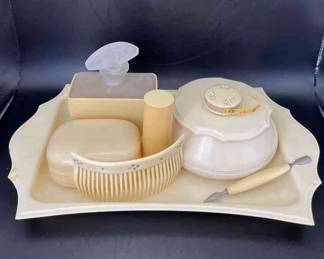 Cream Color Plastic Vintage Dresser Items * Trinket Box * Soap Box * Perfume Bottle * Shaving Cream Brush * Hair Comb * Manicure Tool * Tray * Some Pyralin Duberry Pieces