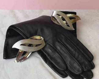 Sarah Coventry Silver Tone Brooches * Black Leather Gloves * Small Size * Unused