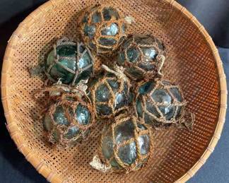 7 Vintage Glass Fishing Floats Balls In Cool Old Basket * 3.5" Round