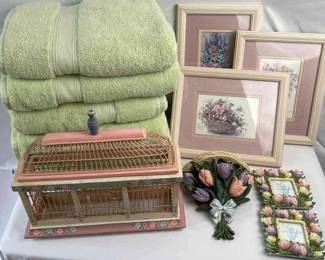 6 Tommy Bahama Towels * 3 Framed Prints * Bird Cage * 2 Cute Frames * 1 Sm Tulip Shelf