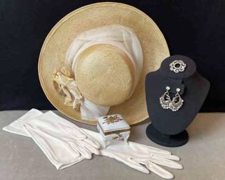 Dressy Wide Brim Straw Hat * Crescendo Caress Long Cream Gloves * Porcelain Trinket Box * Silver Tone Crystals Vintage Brooch * Clip On Earrings