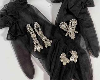 Gorgeous Rhinestone Vintage Clip Earrings * Sheer Black Gloves (small) * Beautiful Pin Brooch