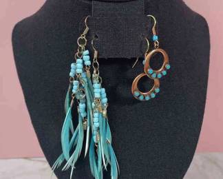 Copper And Gold Tone Artisan Made Cuff Bracelet * Copper Color * Turquoise Glass Pierced Earrings * Aqua Bead And Feather Pierced Earrings