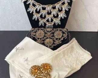 Retro Plastic Link Necklace * Vintage Gold Tone With Amber Glass Flowers Brooch * Tiny Velvet Hand Bag * Cream Color Ladies Dress Gloves