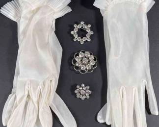 2 Vintage Sheer Gloves (small) * 3 Vintage Rhinestone Pins
