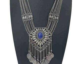 Silver Tone * Blue Stone * 6 Strand Pendant Necklace