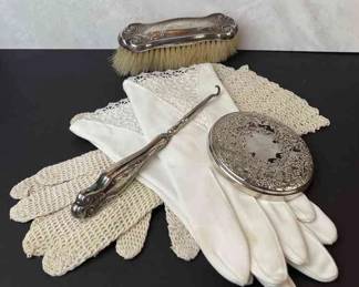 Grandoe White Ladies Dress Gloves * Child's Crotchet Gloves * Vintage Sterling Silver Compact Mirror * Clothing Brush * Crotchet Hook