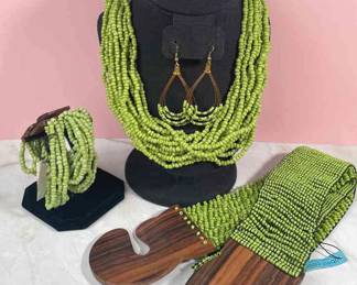 About Color Bright Green Seed Bead Multi Strand Necklace * Pierced Earrings * Bracelet * Belt