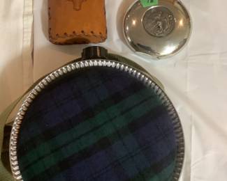 Leather covered flask, metal flask and plaid covered canteen