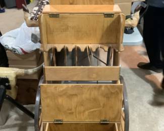 Wooden cart on wheels with two storage boxes…by cart Wright.  Presale $100