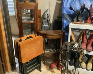 Display case, ($125), half moon side table, set of tv trays, ($30) metal plant stand ($16)