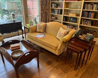 Mahogany lowboy
Butler’s tray coffee table
Nesting tables
Loveseat
Books