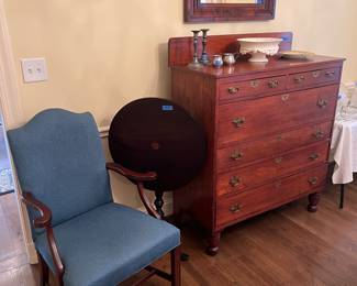 Antique 6 drawer chest
Ogee mirror
Tilt top table
Hickory chair