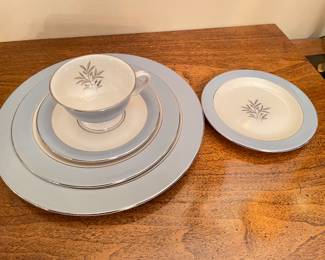 Pickard "Silver Twilight" place settings (12), gravy boat, 2 serving bowls, 1 small serving platter, 2 large serving platters, 15 dessert plates, 12 side plates, 12 dinner plates, 13 cups, 14 saucers,  was $375, NOW $250