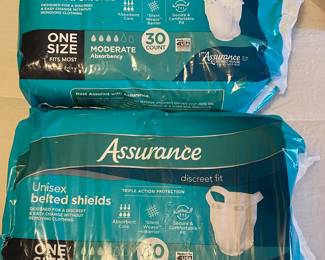 Assurance unisex belted shields, one size fits most, 30 count, 2 available, was $14 each, NOW $10 each