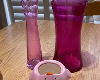 Tall light pink vase, 9.5"H,  was $7, NOW $5.  Dark pink vase, 8"H,  was $7, NOW $4.    Pink chick bowl,  was $3, NOW $2