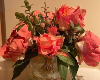 Faux Rose floral in glass vase, 9"H,  was $15, NOW $10