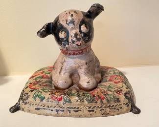 Vtg Hubley cast iron doorstop, Boston Terrier on Pillow,  6"H x 7.5"W x 5.5"D,  was $75, NOW $50