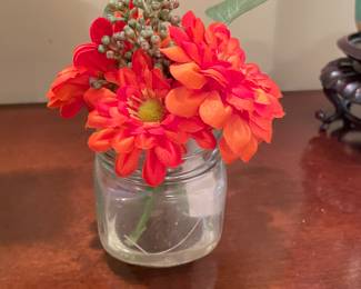 Small Orange floral arrangement in glass jar, 6"H,  was $8, NOW $5