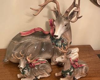 Fitz & Floyd Holiday Leaves Reindeer Cookie Jar Centerpeice, 17"W,  $145.    Pair of Fitz & Floyd Holiday Leaves deer candle holders,  $85