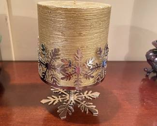 Gold pillar candle and silver snowflake candle holder,  6"H,  was $14, NOW $10