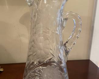 Vtg Crystal cut & etched pitcher, 11"H,  $35