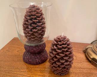 Glass hurricane w/ wicker base and 2 pine cone candles, 8.5"H (hurricane),  was $14, NOW $8