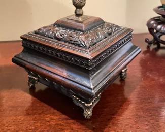 Square decorative box w/lid, brass feet,  5" x 5" x 6"H,  was $24, NOW $16