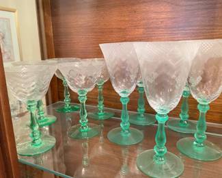 Set of 10, Antique 20's- 30's etched wine glasses - uranium glass stem,  7"H, 6"H,  was $165, NOW $99