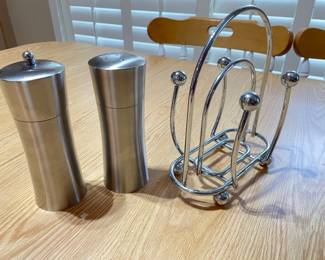 Pair of silver S & P,  was $10, NOW $6.   Silver Napkin Holder  was $8, NOW $5  