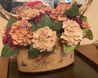 Hydrangea arrangement in a floral & butterfly pot, 16"H x 20"W,   $44