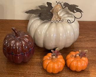 Assorted ceramic pumpkins, brown pumpkin candle,  was $15, NOW $10