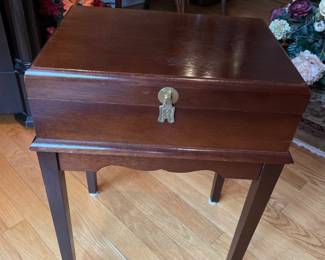 Vintage Petite Solid Wood Mahogany Finish Campaign Lidded Box on stand, 14.75"W x 10.75"D x 21"H,  was $225, NOW $148