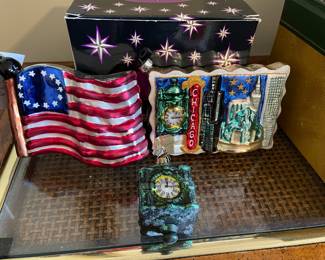 Radko ornaments:   "Stars and Stripes'" 98-482-0 LARGE American Flag Ornament,  $35.  Chicago Ornament (chipped on one corner),  $8,  Marshall Fields clock, $38