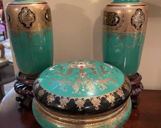 Set of 3 -  Antique Noritake Porcelain Green Gilt Round Box and 2 vases,  was $125,NOW $75